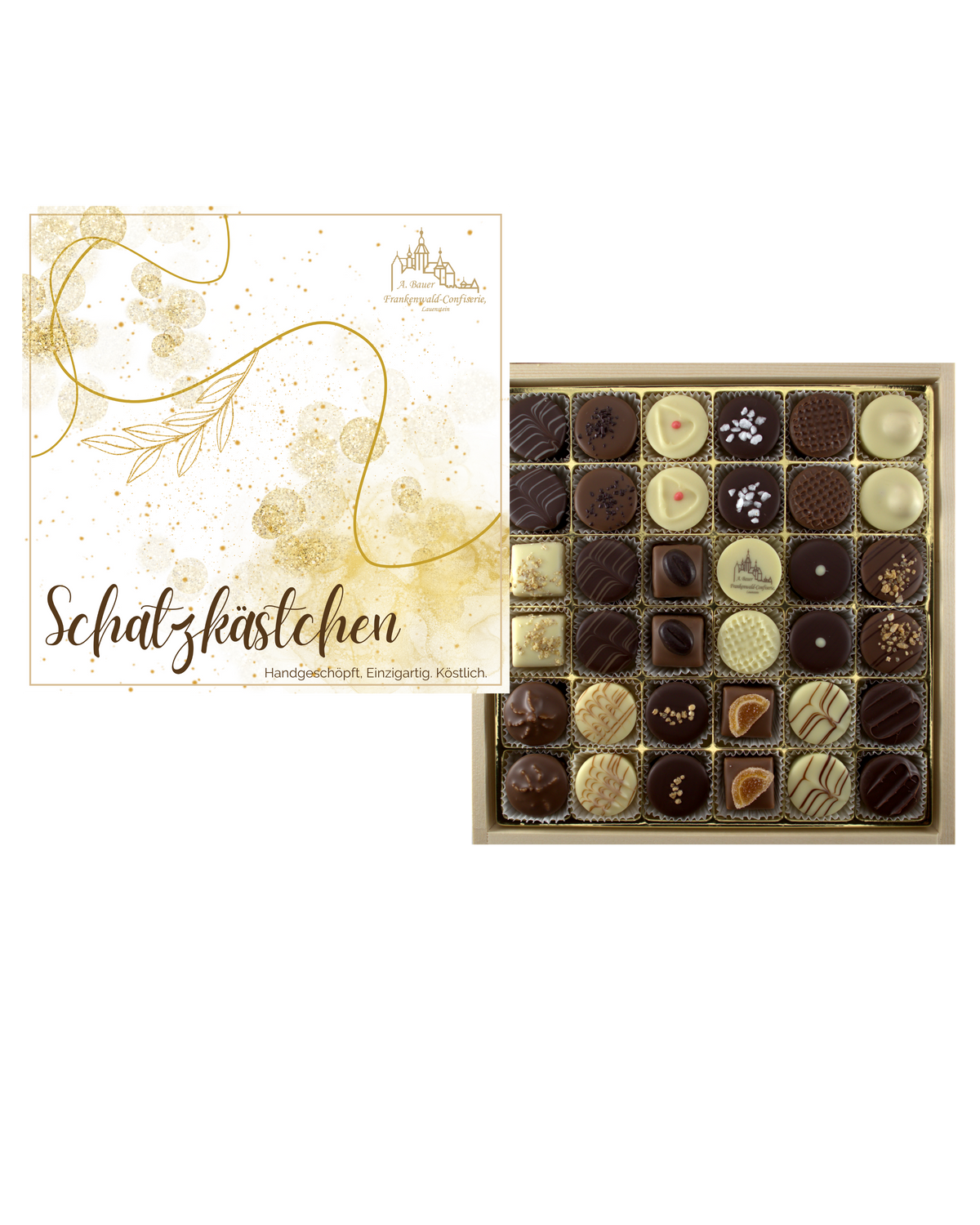 Frankenwald Holzschatzkästchen mit Alkoholpralinen